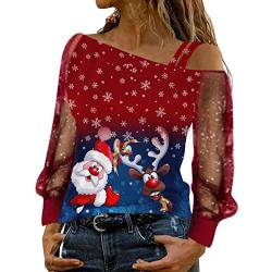 Tshirt Damen Weihnachtspullover - Leinen Oberteile Lustiges Weihnachten Oberteile Langarm Pullover Große Größe Langarmshirt Streetwear Elegant Slim Fit Weihnachtsbluse Weihnachtspulli Basic Shirt von HAQUOS