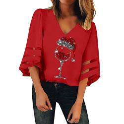 Weihnachtsbluse Damen - Leinen Oberteile Lustiges Elegant 3/4 arm Blusen Merry Christmas Sweater Langarmshirt Streetwear Elegant Slim Fit Weihnachtsbluse Weihnachtspullover mit Komisch gedruckt von HAQUOS