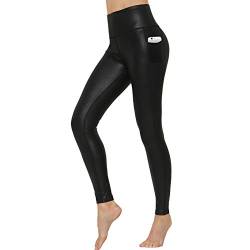 HARTPOR Capri-Leggings für Damen, mit Kunstleder beschichtet, Stretch, hohe Taille, mit Taschen, Workout-Strumpfhose, Yogahose - Schwarz - Mittel von HARTPOR