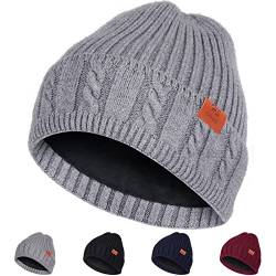 HASAGEI Winter Beanie Mütze , Unisex Thermo Wintermütze Twist Strickmütze Damen Skimütze mit Bündchen Weiche Fleece-gefütterte Isolierte warme Mütze Winddichte Verdickte Mütze, Grau, Einheitsgröße von HASAGEI