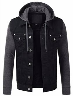 HASHOOB TRADING FZE Herren Schwarze Jeansjacke für Herren, abnehmbare Kapuze, Langarm, Knopftasche, Mantel, Jacke, Freizeitkleidung, Jeansjacke, Windjacke, stilvolles Design (DJCH-BLACK1, S) von HASHOOB TRADING FZE