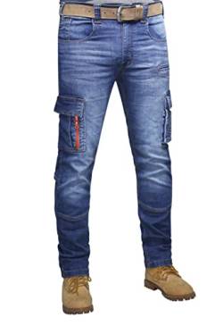 Herren Jeans Cargo Denim Kampfhose gerades Bein, normale Passform, stilvolle und funktionelle Arbeits JeansHose, mit mehreren Taschen, Stone Wash – in allen Taillengrößen erhältlich (BLUE1-34WX34L) von HASHOOB TRADING FZE