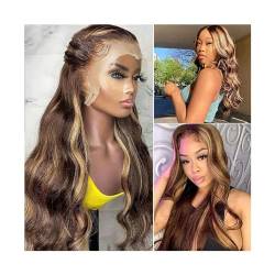 Gewellte Spitzenperücken Highlight Body Wave Lace Front Perücke Echthaar vorgezupft 13x4x1 T Teil Lace Frontal Perücke 4/27 Ombre 180% Dichte brasilianisches Remy Haar Perücken for Frauen Natürliche s von HASMI