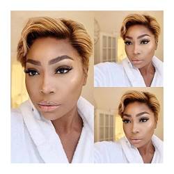 Gewellte Spitzenperücken Kurz Bob Ombre Farbige Spitze Frontal Perücken Echthaar Perücken Atmungsaktiv Pixie Cut Brasilianisches Remy Haar Mittelbraun 4X4 Lace Closure Perücken for Frauen Natürliche s von HASMI