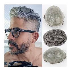 Herren Haarteil Toupet for Männer, indisches Echthaar, Perücke, weiche, dünne Haut, V-förmige PU-Basis, männliche Haarprothese, gewellte Haarteile, Systemeinheiten # 1B65 (schwarz mit 65% grauem Haar von HASMI
