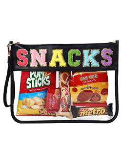HASIOY Transparente Tasche mit Flicken Snacks Tasche Chenille Brieftasche Kosmetiktasche mit goldenen Schultergurten, Schwarz, Snack-Beutel von HASOIY