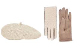 HAT YOU Damen Winter Set mit Fischgrätenmuster, Damen Barett und Handschuhe, Baskenmütze, Winter Set:Beige von HAT YOU