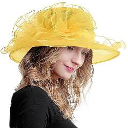 HATAMOTO Damen Organza Kentucky Derby Fascinator Hut Cloche Bowler Hut Cocktail Tee Party Hochzeit Sonnenhut, E1-gelb, Einheitsgröße von HATAMOTO