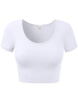 Damen Baumwolle Basic U-Ausschnitt Crop Top Kurzarm Tops - Weiß - Klein von HATOPANTS