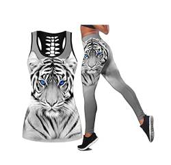 Damen Animal/Tiger Combo Outfit 3D Printed Leggings und Hollow Out Tank Top, 7, 48 von HAWCYEN