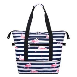 HAWEE Erweiterbare Seesack für Frauen mit Trolleyhülle und Nasstasche, wasserabweisend, Wochenend-Reisetasche, große Kapazität, Handgepäck für Fitnessstudio/Reise/Camping/Strand, Flamingo Stripe von HAWEE