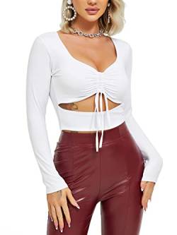 HAWILAND Bauchfreies Oberteil Damen - Langarm Crop T-Shirt mit Bügel Sexy Langearmshirt Slim Crop Top mit Polster #3 Weiß L von HAWILAND