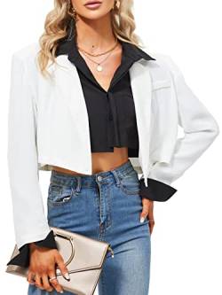 HAWILAND Blazer Damen kurz Langarm Oversized Crop Blazer Loose Fit Revers Jacke Herbst für Freizeit #1 Weiß XL von HAWILAND