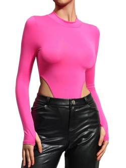 HAWILAND Body Damen Langarm Bodysuit High Cut Hoher Ausschnitt Damenbody Top Sexy High Leg Stehkragen Rave Outfit für Herbst Winter #4 Highcut Rosarot M von HAWILAND