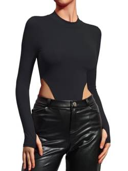 HAWILAND Body Damen Langarm Bodysuit High Cut Hoher Ausschnitt Damenbody Top Sexy High Leg Stehkragen Rave Outfit für Herbst Winter #4 Highcut Schwarz L von HAWILAND