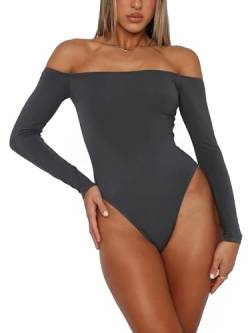 HAWILAND Body Damen Schulterfreies Oberteil Langarm Damenbody Sexy Elegant Bodysuit Top Slim Unterziehbody für Frauen #1 Grau XL von HAWILAND