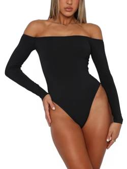 HAWILAND Body Damen Schulterfreies Oberteil Langarm Damenbody Sexy Elegant Bodysuit Top Slim Unterziehbody für Frauen #1 Schwarz L von HAWILAND