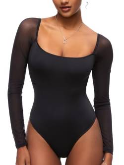 HAWILAND Body Damen - Sexy Sheer Mesh langarm Bodysuit Perle Netz Blusebody Slim Fit Schwarz Langarmshirt mit Rüschen *#1 Schwarz M von HAWILAND