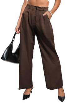 HAWILAND Business Hose Damen - Anzughose mit Weitem Bein Weite Y2k Hose High Waist Wide Leg Pants Bundfaltenhose Freizeithose #1 Braun L von HAWILAND