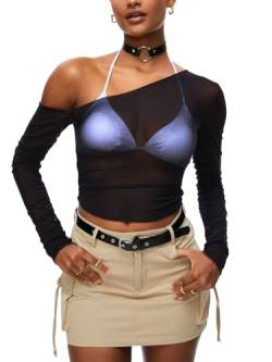 HAWILAND Damen Netz Oberteil - Transparenter Netztop One Shoulder durchsichtiges Mesh Top Rave Outfit für Party Club #1 Schwarz L von HAWILAND