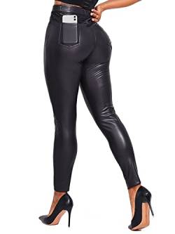 HAWILAND Leder Leggings Damen - High Waist Lederhose Booty PU Leder Leggins Lederoptik Kunstleder Strumpfhose #3 Schwarz L von HAWILAND