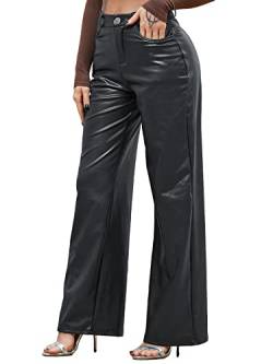 HAWILAND Leder Schlaghose Damen High Waist Bootcut Lederhose Lederoptik Wide Leg Jeans mit Taschen #1 Schwarz - Weites Bein M von HAWILAND