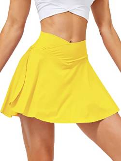 HAWILAND Tennisrock Damen - Hosenrock Crossover Waist V-Bund Tennis Skort mit Taschen Golfrock für Radfahren Wandern Laufen #1 Gelb M von HAWILAND