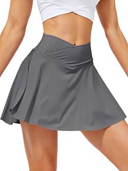 HAWILAND Tennisrock Damen - Hosenrock Crossover Waist V-Bund Tennis Skort mit Taschen Golfrock für Radfahren Wandern Laufen #1 Grau L von HAWILAND