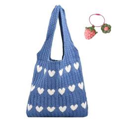 HAWILL Umhängetasche Tote Bag Gewebte Tasche Herz Muster Tragetasche Weich Hobo Bag Süße Schultertasche mit Gestrickter Schlüsselanhänger (Blau) von HAWILL