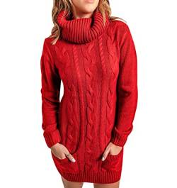 Pulloverkleid Damen Strickkleid Turtleneck Langer Pullover Damen Lang Strick Pullikleid Damen Strickpullover Long Sweater Pulli Kleid Strickkleider Jacquard Pullover Long Pullis Für Damen Rot L von HAXNOHEY