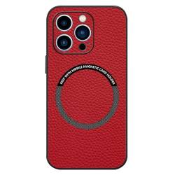HAZARA Objektivschutz Hülle für iPhone 15 Pro Max/15 Pro/15 Plus/15, Magnetisch Kabelloses Laden Hanyhülle aus Echtes Leder Telefonhülle,Rot,15 von HAZARA
