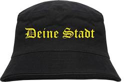 Individueller Anglerhut - altdeutsch - schwarz - Bucket Hat - Fischerhut mit Wunschtext Bedruckt Druckfarbe: Gelb L von HB_Druck