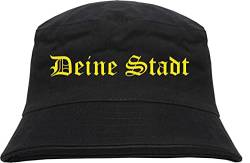 Individueller Anglerhut - altdeutsch - schwarz - Bucket Hat - Fischerhut mit Wunschtext Bedruckt Druckfarbe: Gelb XL von HB_Druck