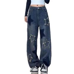 Damen Jeans mit weitem Bein, Sternenjeans, Y2k, hohe Taille, gerades Bein, Boyfriend-Denim-Hose, bestickt, Baggy-Jeans, Streetwear, A-blau, Groß von HBER