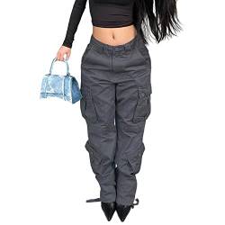 Damen Y2K High Rise Baggy Straight Leg Cargo Pants Streetwear Casual Boyfriend Hose mit Taschen, Dunkelgrau, M von HBER