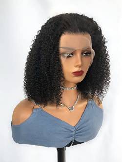 HBYLEE Human Hair Wigs for Women 13 * 4 Lace Front Short Afro Curly Human Hair Wig for Cocktail Party，Farbe：Black 180density 13 * 4/Größen：14 inch von HBYLEE