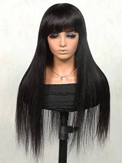 HBYLEE Human Hair Wigs for Women 200 Density Long Straight Woven Human Hair Wig With Bangs for Cocktail Party，Farbe：Black 200density/Größen：26 inch von HBYLEE