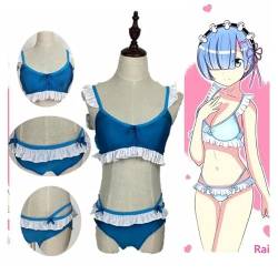 HBYLEE-Wig for cosplay Anime Re Zero Kara Hajimeru Isekai Seikatsu REM RAM Swimsuit Swimwear Bikini Lolita Cosplay Costume/Pink Blue Short Fashion Wig L Blue Costume von HBYLEE