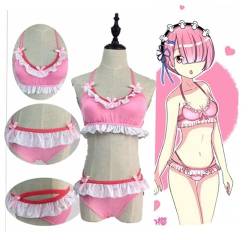 HBYLEE-Wig for cosplay Anime Re Zero Kara Hajimeru Isekai Seikatsu REM RAM Swimsuit Swimwear Bikini Lolita Cosplay Costume/Pink Blue Short Fashion Wig M Red Costume von HBYLEE