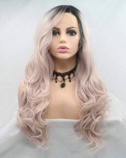 HBYLEE-Wig for cosplay Side Part Pastel Pink Lace Front Wig Ombre Dark Roots Friendly Synthetic Long Wavy Hair Light Pink Wigs for Women Party Festival Cosplay von HBYLEE