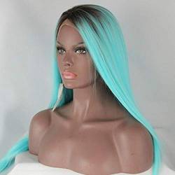 HBYLEE-Wig for cosplay Synthetic Hair Wigs Long Dark Brown Roots Lake Blue Lace Front Wigs for Women Silky Straight Hairstyle High Temperature Cosplay Wig Half Handmade von HBYLEE