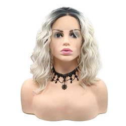 HBYLEE-Wig for cosplay White Blonde Wig with Dark Roots Synthetic Hair Curly Wave Short Bob Lace Ombre Wigs for Women Drag Queen Summer Hair 14 Inches von HBYLEE