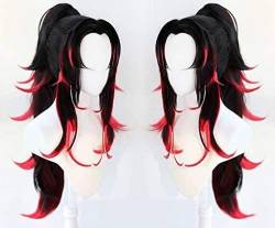 HBYLEE-Wig for cosplay Wig Anime Cosplay Demon Slayer: Kimetsu no Yaiba Kokushibou Cosplay-Perücken Hochtemperaturfaser schwarzes und rotes Haar+einzelne Pferdeschwänze+kostenlose Haarkappe von HBYLEE