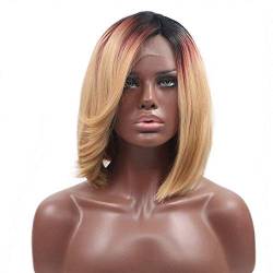 HBYLEE-Wig for cosplay Women Female Short Bob Drag Queen Black Roots Ombre Red Blonde Lace Front Wig 3 Tone Party Cosplay Summer Cool Shoulder Length von HBYLEE