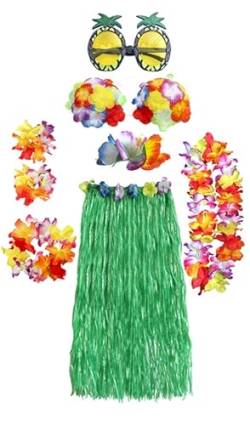 HBell 8-teiliges Hawaii-Hula-Rock-Kostüm, Hawaii-Grasrock, Hawaii-Leie, Blumen-Bikinioberteil, Ananas-Set für Erwachsene, Kostüm-Zubehör, Luau-Party, Strand, tropische Party-Dekorationen (grün) von HBell