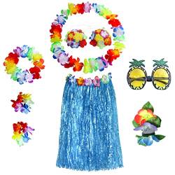 HBell 8-teiliges hawaiianisches Hula-Rock-Kostüm-Set, hawaiianischer Grasrock, Hawaii-Leis, Blumen-Bikini-Oberteil, Ananas-Brille für Erwachsene, Sommerstrand, tropische Party-Dekorationen (blau) von HBell