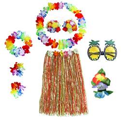HBell 8-teiliges hawaiianisches Hula-Rock-Kostüm-Set, hawaiianischer Grasrock, Hawaii-Leis, Blumen-Bikinioberteil, Ananas-Brille für Erwachsene, Sommerstrand, tropische Party-Dekorationen (bunt) von HBell