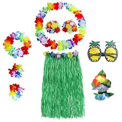 HBell 8-teiliges hawaiianisches Hula-Rock-Kostüm-Set, hawaiianischer Grasrock, Hawaii-Leis, Blumen-Bikinioberteil, Ananas-Brille für Erwachsene, Sommerstrand, tropische Party-Dekorationen (grün) von HBell