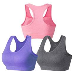 HBselect 3stk Sport BH Bustier Damen Bralette Nathloser mit Polstern Sportbekleidung Baumwolle ohne Bügel atmungsaktiv Joggen Yoga Jumping Fitness Grau Rosa Lila M von HBselect