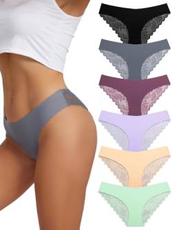 HBselect 6PCS Seamless Slips Damen Nahtlose Unterwäsche Spitzen Hipster Frauen Sexy V Waisted Unterhosen Atmungsaktiv Angenehme Panties Passform von HBselect